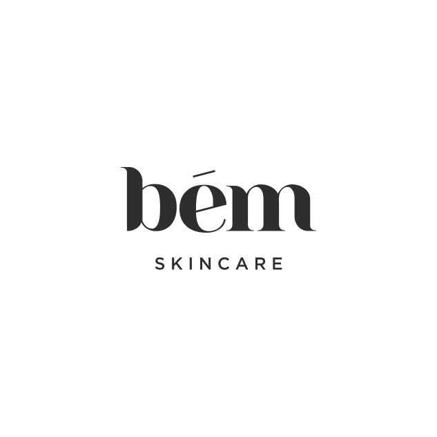 Minimal “bém skincare” wordmark logo in black on a clean white background, elegant serif typography for a cosmetics brand