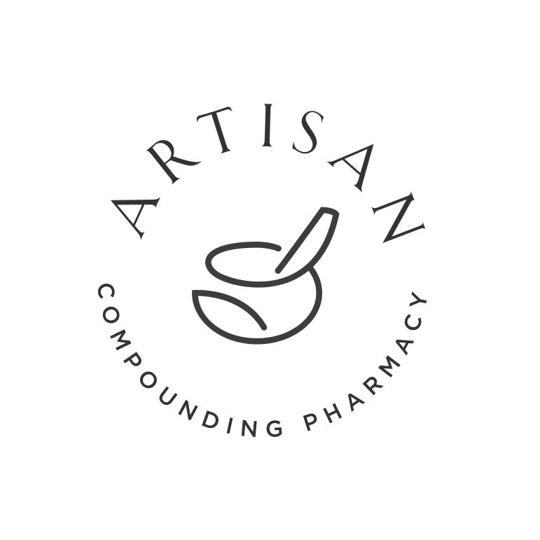 Mortar and pestle logo badge design for a compounding pharmacy featuring a circular logo layout, custom pharmacy symbol design, and elegant healthcare branding.
