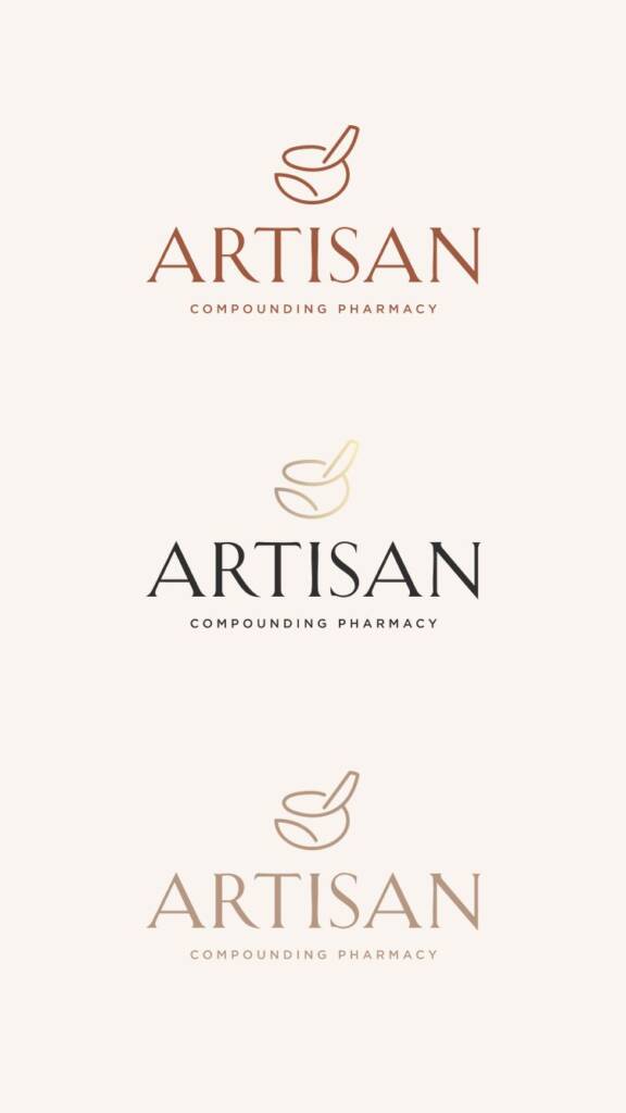 Logo design variations for a compounding pharmacy featuring custom mortar and pestle logo designs in a beige color palette, showcasing elegant healthcare branding design.
