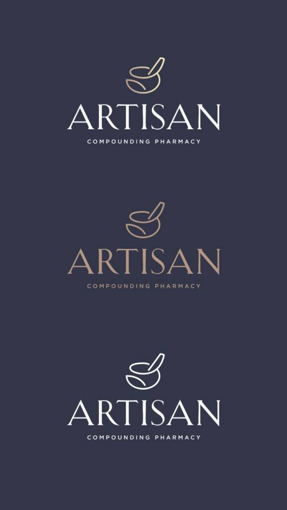 Logo design variations for a compounding pharmacy featuring custom mortar and pestle logo designs in a deep navy blue color palette, showcasing elegant healthcare branding design.