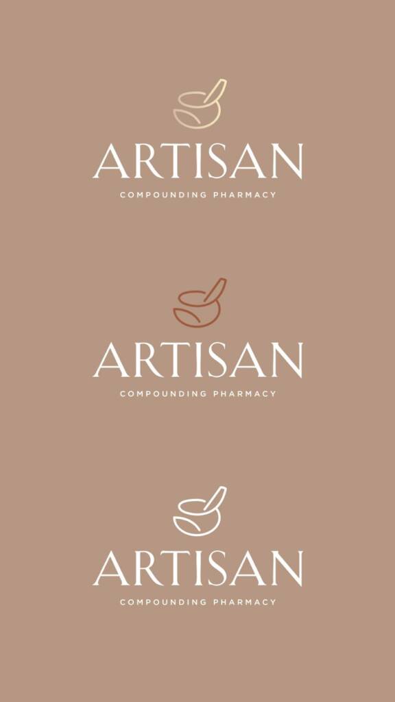 Logo design variations for a compounding pharmacy featuring custom mortar and pestle logo designs in a warm latte color palette, showcasing refined healthcare branding design.