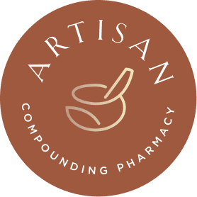 Mortar and pestle logo design for a compounding pharmacy featuring a circular terracotta badge, botanical leaf elements, and custom pharmacy branding design.