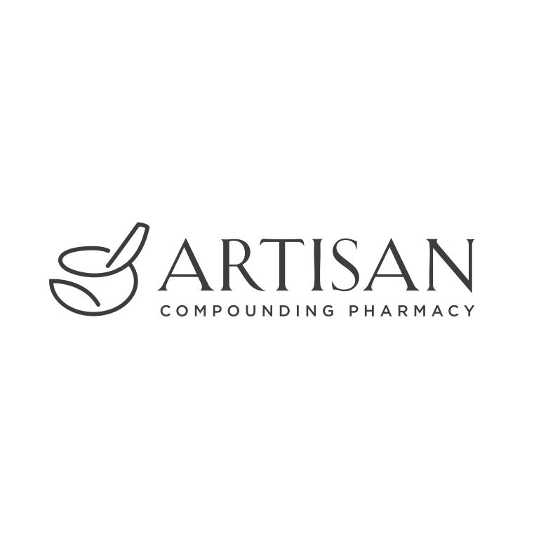 Mortar and pestle logo design for a compounding pharmacy featuring a horizontal logo layout, custom pharmacy symbol design, and elegant healthcare branding.