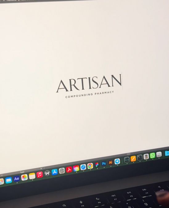 Wordmark logo design for a compounding pharmacy featuring a custom serif logotype in the early stages of healthcare branding development.