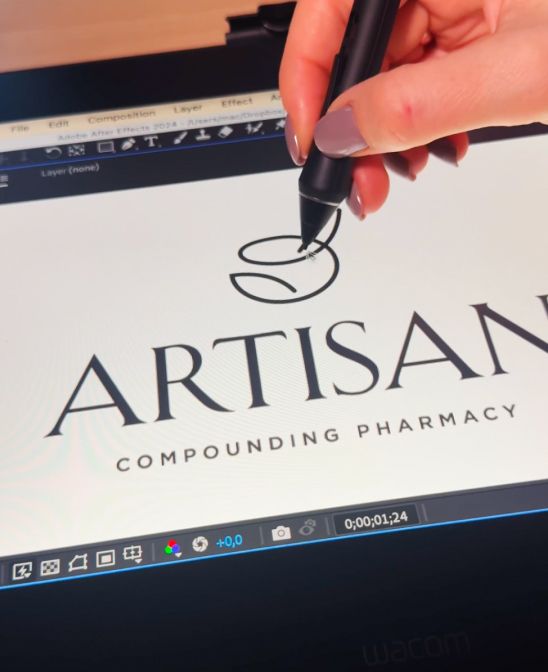 Logo design process for a compounding pharmacy featuring a custom mortar and pestle logo being refined in a digital design software, showcasing healthcare branding development.