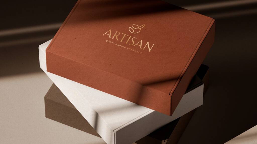 Packaging design for a compounding pharmacy featuring custom branded boxes, a mortar and pestle logo design, and terracotta packaging elements with a refined luxury aesthetic.