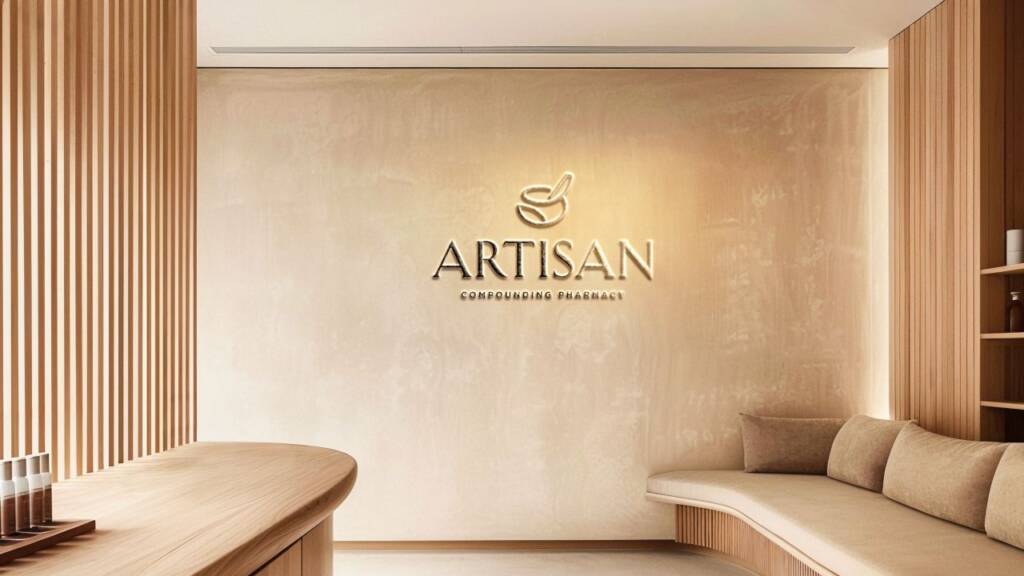 Pharmacy signage design featuring a custom mortar and pestle logo, elegant wall branding design, and a warm neutral interior for a compounding pharmacy.