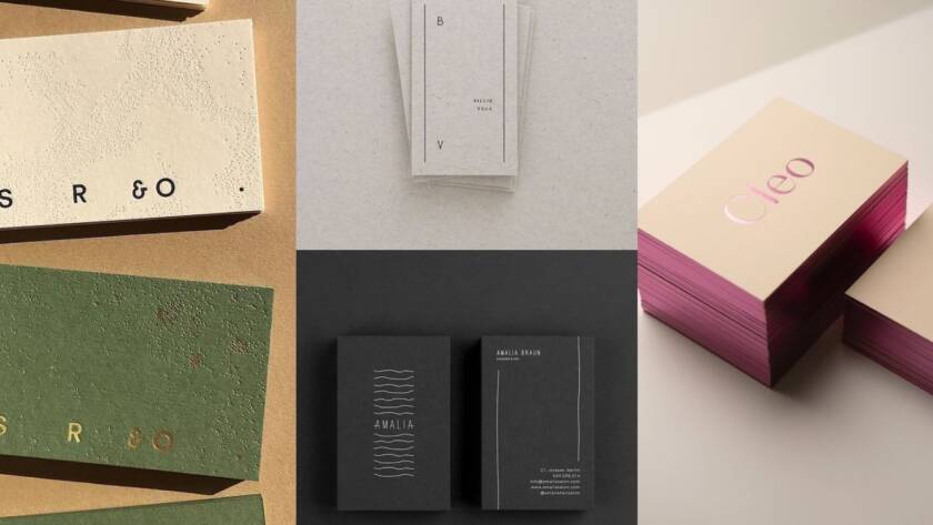 Business card design inspiration collage featuring foil stamping, premium paper textures, luxury stationery mockups, and elegant branding presentation.