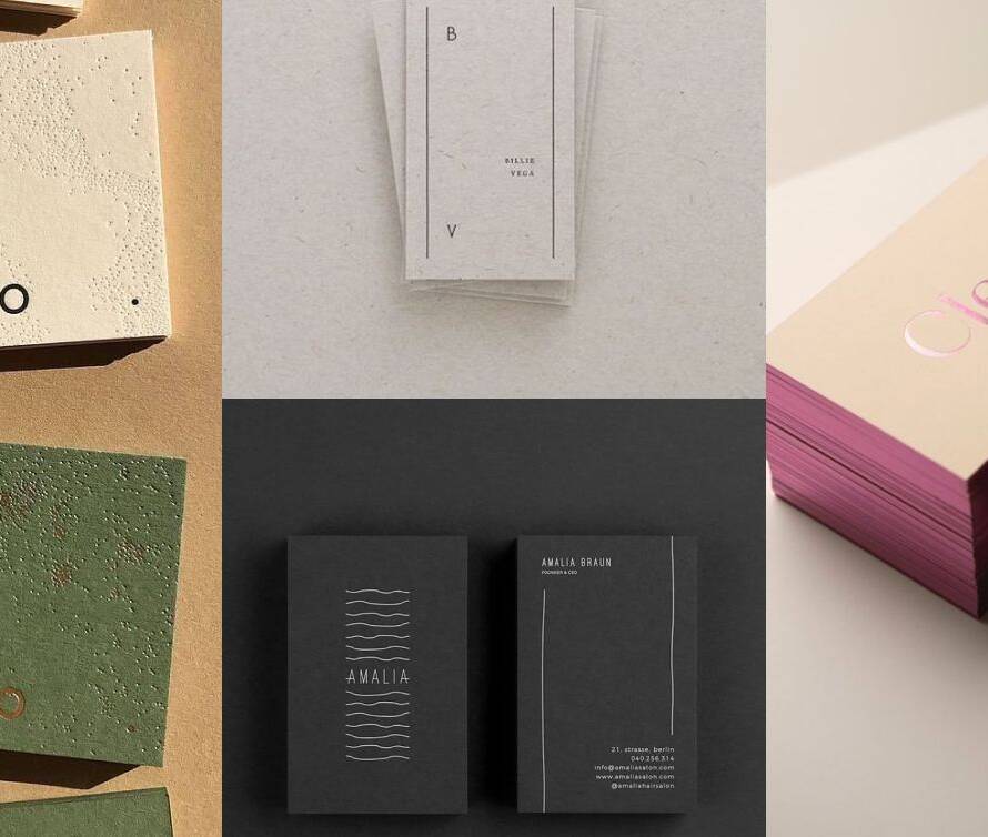 Business card design inspiration collage featuring foil stamping, premium paper textures, luxury stationery mockups, and elegant branding presentation.