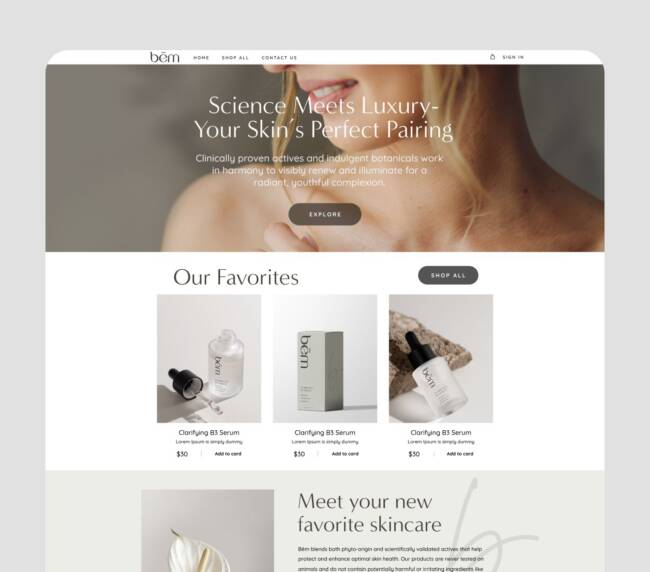 Cosmetics website design featuring a luxury skincare e-commerce homepage with a clean and minimal layout.