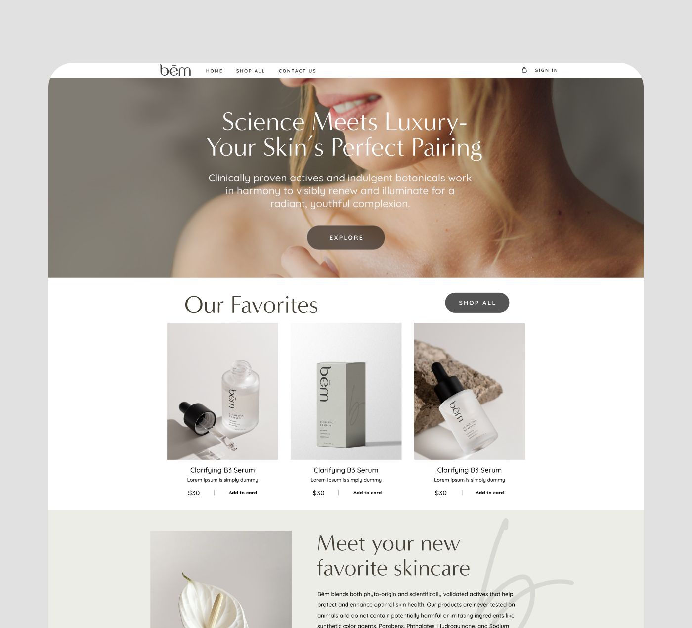Clean and refined Shopify web design for a cosmetics company