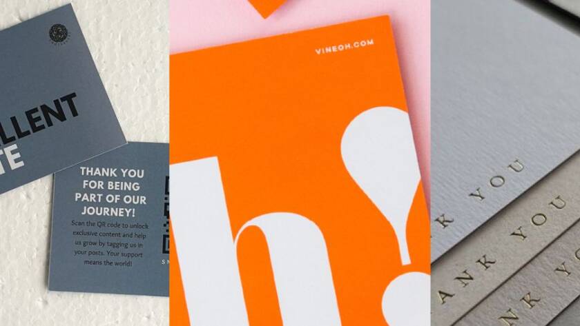 Thank you card design inspiration featuring bold typography, vibrant colors, and premium print finishes