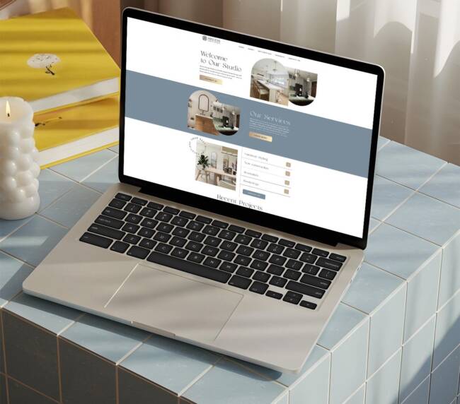Website design mockup for an interior design studio showcased on a laptop screen
