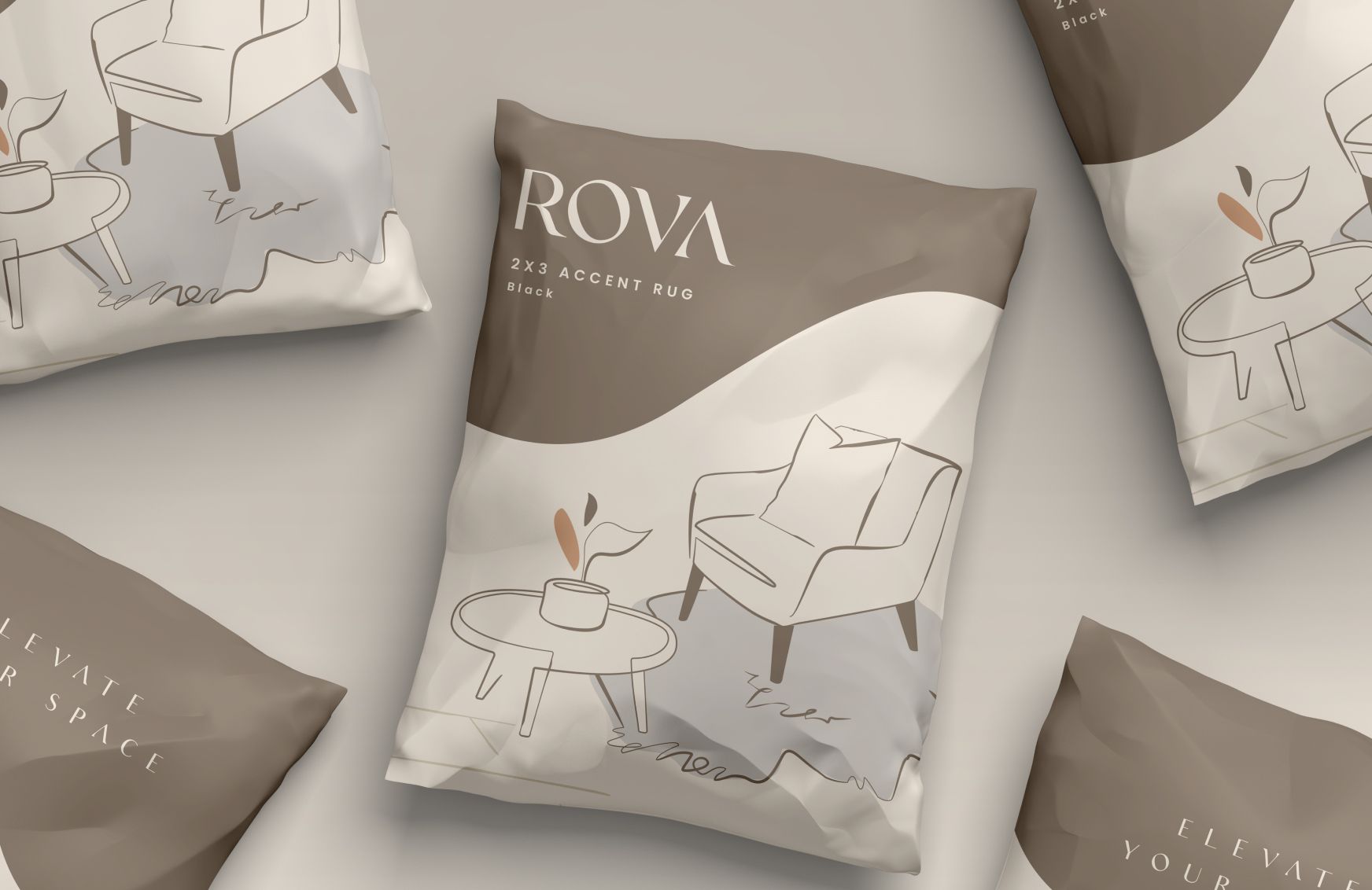 Accent rug pouch packaging design for a home decor company