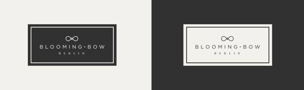 Brand identity layout showcasing a minimalist bow logo across light and dark background variations.