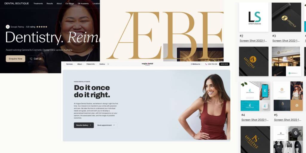 Mood board for a luxury dental clinic branding project featuring premium dental websites, elegant typography, LS monogram logo inspiration, gold color accents, minimalist layouts, and high-end brand identity references for a cosmetic dental practice.